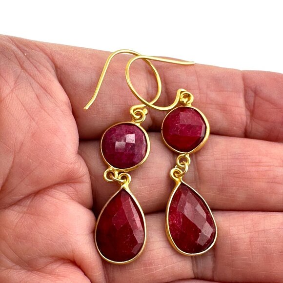 Faceted Ruby Teardrop Earrings Gold Vermeil - Picture 7 of 10
